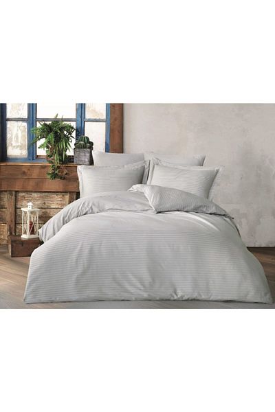 KISAYOL Gray Striped Cotton Satin Double Duvet Cover Set