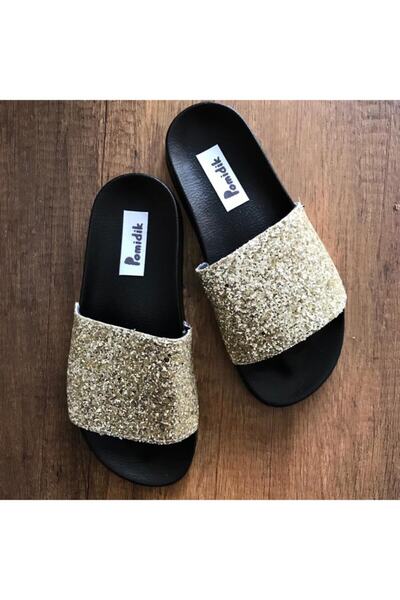Pomidik Women's Gold Glitter Shiny Single Strap Summer Slippers
