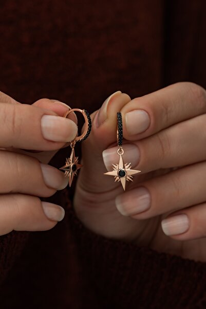 Nereze Kadın 925 Ayar Siyah Kutup Yıldızı Kadın Gümüş Küpe