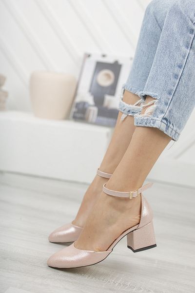 MERVE BAŞ Women's Pink Glitter Single Strap Thick Heeled Classic Shoes