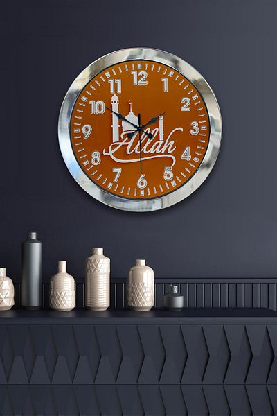 Kasva Concept 36 cm Chrome Metal Wall Clock with Allah Written
