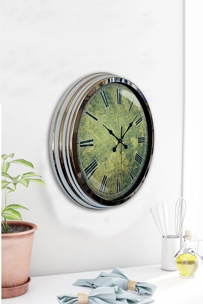 Kasva Concept 40 cm Chrome Metal Green Pattern Wall Clock Gift