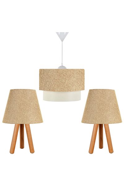 EvLight Set of 3 Chandelier and Nightstand Wooden Lampshade Kumbeige