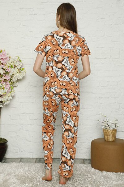 fehika Γυναικείο σετ πιτζάμες με κοντό μανίκι καφέ αρκουδάκι