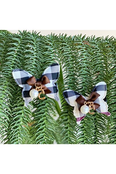 QUEEN AKSESUAR Women's Blue Plaid Pearl Bow Collar Buckle Set