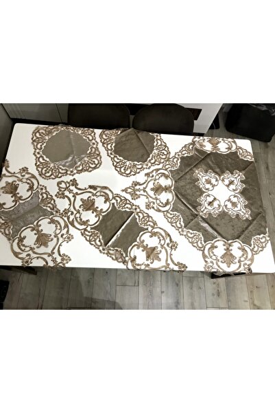 bursa çeyiz Azra Kadife Fransız Dantelli 5 Parça Salon Takımı Cappuchino