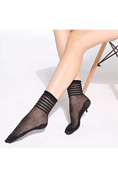 çorapmanya 2 Çift Kadın Desenli Siyah Tül Çorap