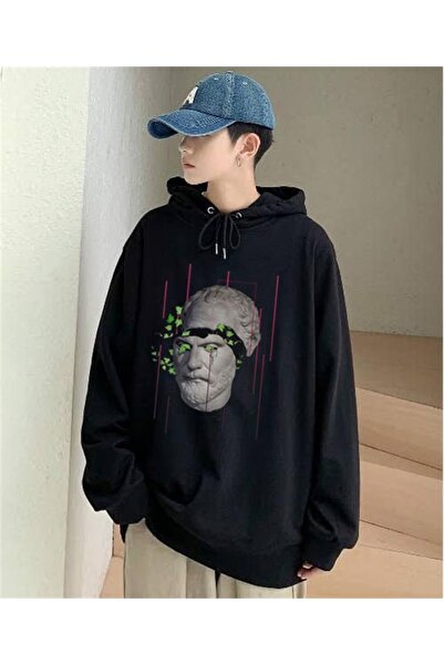 Touz Niiss Butik Sculpture Art & Leafs Negru Unisex cu glugă supradimensionat...