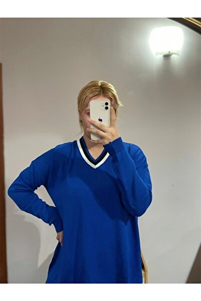 Gokilibutik Kadın Mavi V Yaka Sim Detaylı Bluz Tunik Standart Beden