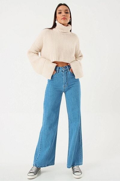 Trn JNS Blugi de damă Luiz Lycra anii 90, albaștri, cu talie super înaltă, blugi largi, pantaloni Palazzo