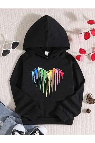 Keywest Черен суитшърт с качулка Rainbow Heart за момичета/момчета