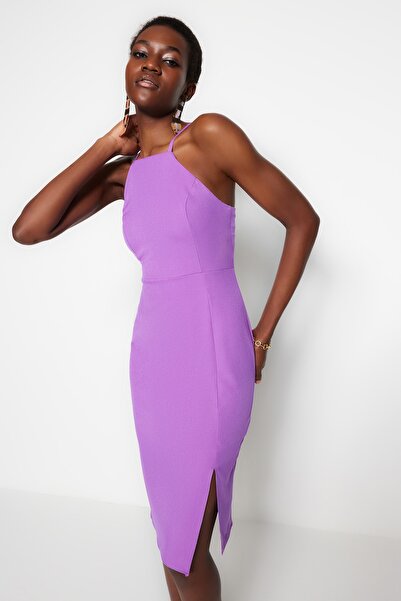 Trendyol Collection Lila Neckholder-Midikleid - Geschlitzter Bleistiftrock gewebt TWOSS19BB0501