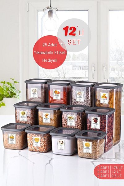 Nandy Home مجموعة من 12 حاوية تخزين مربعة غير قابلة للكسر مع ملصقات أنثراسايت X4 1.75 لتر/1.2 لتر/0.5 لتر