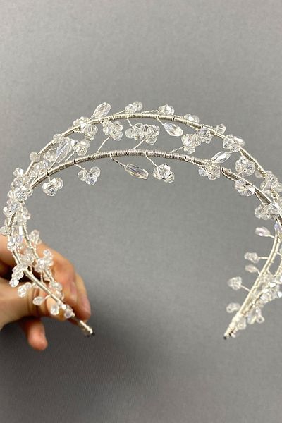Hobigram Coroană de mireasă și henna cu mărgele de cristal Vela transparentă cu două rânduri – Coroană, cu pietre de cristal, model elegant – Coroană