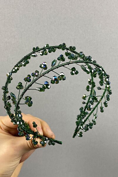 Hobigram Yeşil Çift Sıralı Vela Kristal Boncuklu Gelin Ve Kına Tacı – Taç, Kr...