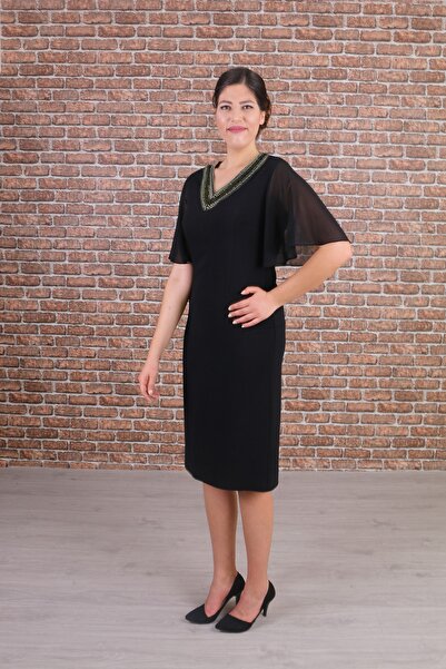 Nidya Moda Plus Size Women's Jewelled Collar Chiffon Sleeve Black Evening Dress-4158şs