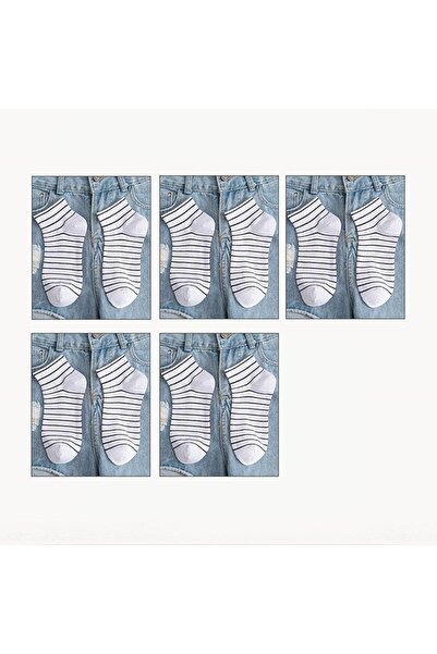 çorapmanya 5 Çift Yarım Konç Çizgili-çizgisiz / Beyaz Unisex Kolej Tenis Çorap