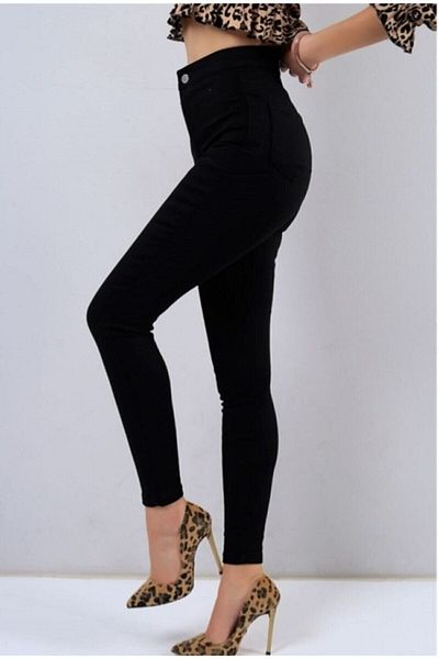 Trn JNS Pantaloni negri Norisdes, cu talie înaltă, slim, skinny, cu picior slăbănog, blugi color-fast