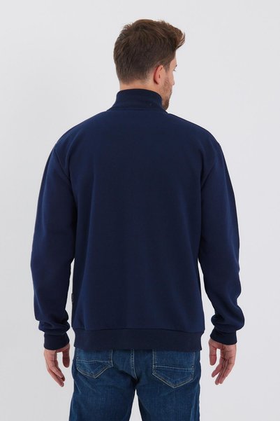 COMEOR Cotton Zippered Men's Navy Blue Cardigan with Stand Collar and Side Pockets