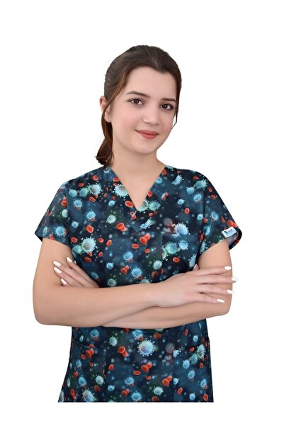 Nur Medikal Giyim Unisex plavi majstorski Likra dres sa temom virusa sa Pamuk...