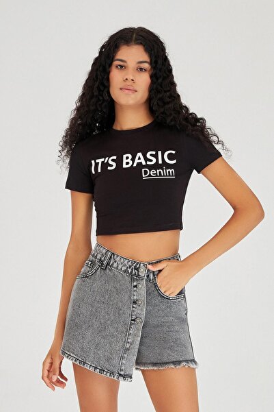 its basic Kadın Füme Renk Önden Düğmeli Jean Şort Etek