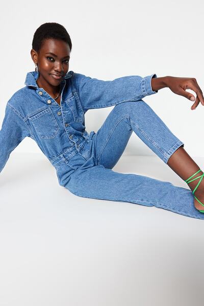 Trendyol Collection Modrá džínová kombinéza s detailním pasem TWOAW23TU00065