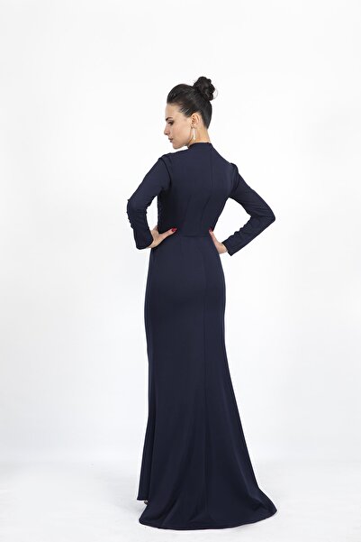 Nidya Moda Büyük Beden Kadın Tesettür Lacivert Balık Uzun Abiye Elbise-4154l