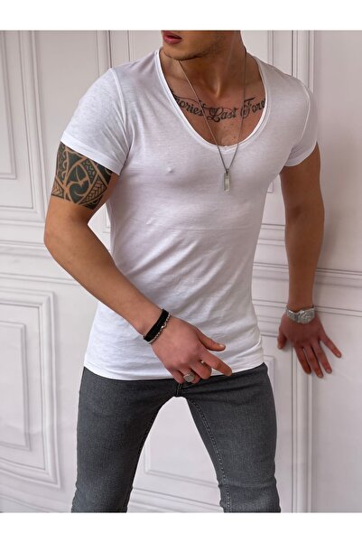 THE ONE Erkek Açık Yaka, %100 Pamuk Slim Fit Basic T-shirt