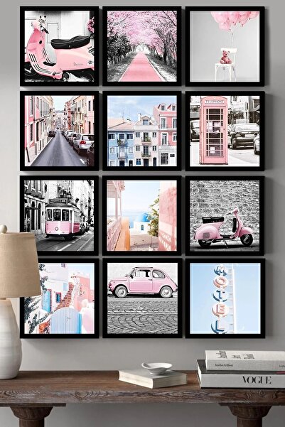NT Handmade 12 Parça Çerçeve Görünümlü Pembe Motor Duvar Dekoru Salon Oturma ...