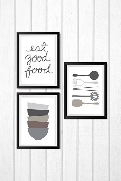 NT Handmade 3 Parça Çerçeve Görünümlü Eat Food Good Duvar Dekoru Salon Oturma...