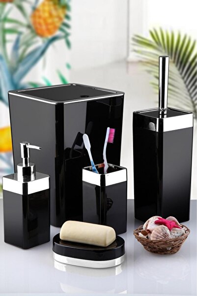 GuvenliPazar 5 Parça Akrilik Gümüş Çizgi Banyo Takımı Kare Banyo Seti Siyah