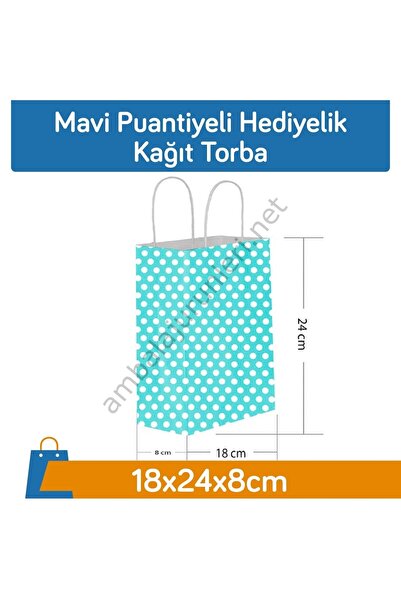 GİZPAK Mavi Puantiyeli Hediyelik Kağıt Torba 18x24x8cm 50 Adet