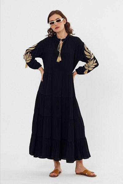 AYASOFYA OTANTIK Rochie de damă, neagră, cu mâneci, broderie cu frunze, cu șireturi, cu guler