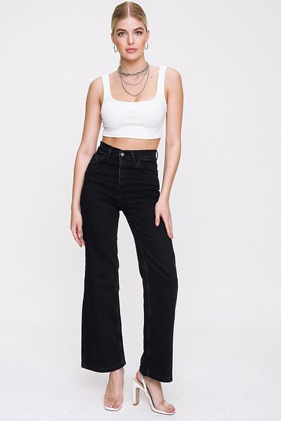 Trn JNS Cendy γυναικείο φαρδύ Lycra 90's που δεν ξεθωριάζει μαύρο σούπερ ψηλόμεσο τζιν παντελόνι Palazzo