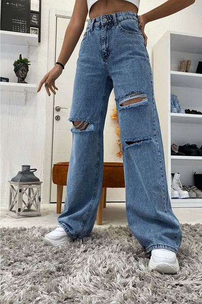 Trn JNS Pantaloni largi S.o.l.m.a.z Blue Lycra cu talie super înaltă. (Super High) Picior lat