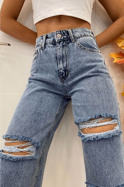 Trn JNS Pantaloni largi S.o.l.m.a.z Blue Lycra cu talie super înaltă. (Super High) Picior lat
