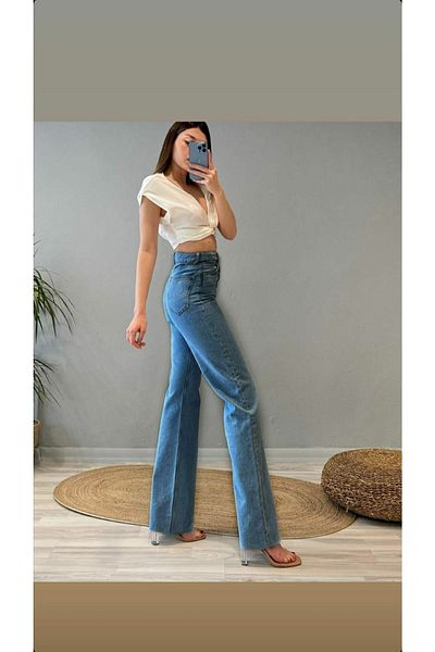Trn JNS Anii '90 Lycra albastru mediu cu talie super înaltă Blugi largi Pantaloni Palazzo cu picior lat