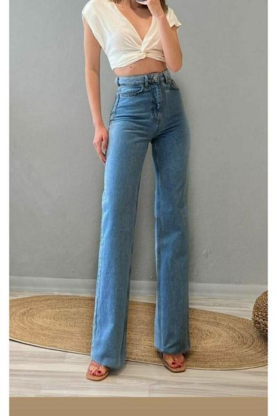 Trn JNS Anii '90 Lycra albastru mediu cu talie super înaltă Blugi largi Pantaloni Palazzo cu picior lat