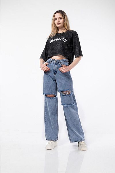 Trn JNS Lycra Ripped Blue Snow Wash Pantaloni de jeans largi cu talie super înaltă. (Super High) Picior lat