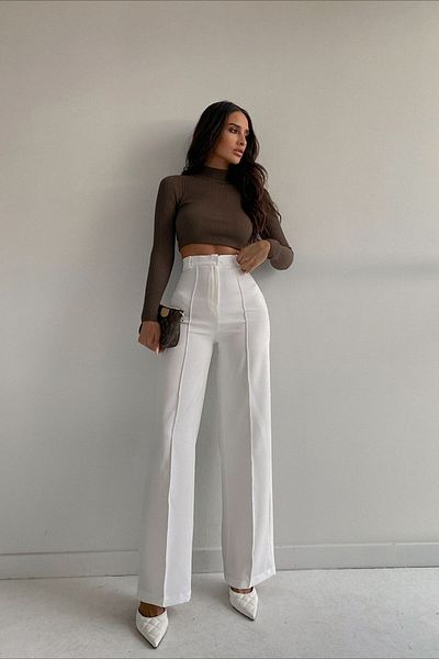 Trn JNS Bella Pantaloni largi de damă, albi, cu talie înaltă, cu picioare largi Palazzo