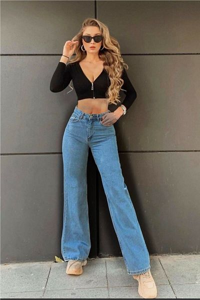 Trn JNS Blugi largi cu talie super înaltă rupti din Lycra Power Pantaloni Palazzo