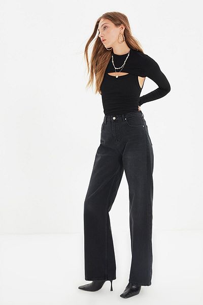 Trn JNS Παντελόνι Jean Palazzo χωρίς ξεθώριασμα, Super High Waist, Μαύρο Lycra. (super High.) Φαρδύ πόδι.