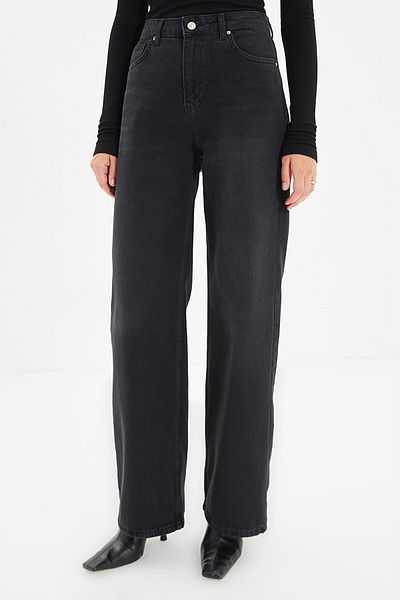 Trn JNS Παντελόνι Jean Palazzo χωρίς ξεθώριασμα, Super High Waist, Μαύρο Lycra. (super High.) Φαρδύ πόδι.