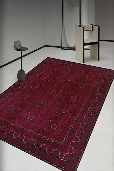 AOKİ Bordo Renk , Afgan Bilicik Desen, Dekoratif Oturma Odası Halısı