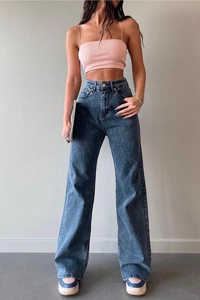 LİMABEL Lucia Gold Allstar Ikon Medium Snow Blue Loose Denim Trousers Blue Snow Lycra Palazzo