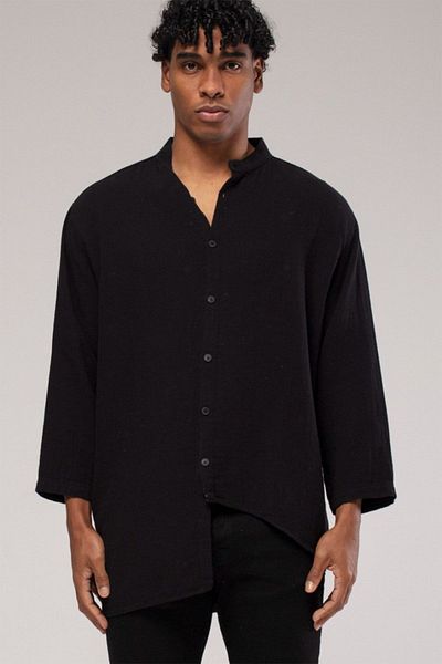 XHAN Black Collar Asymmetrical Shirt 3kxe2-46725-02