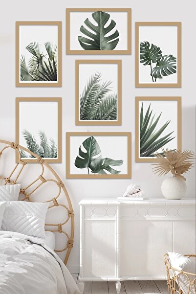 NT Handmade 7 Parça Gold Çerçeve Görünümlü Yeşil Yapraklar Duvar Dekoru Salon...