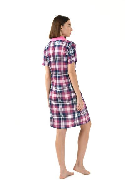 Yeni İnci Plaid Buttoned Front Short Sleeve Nightgown Bpj1831