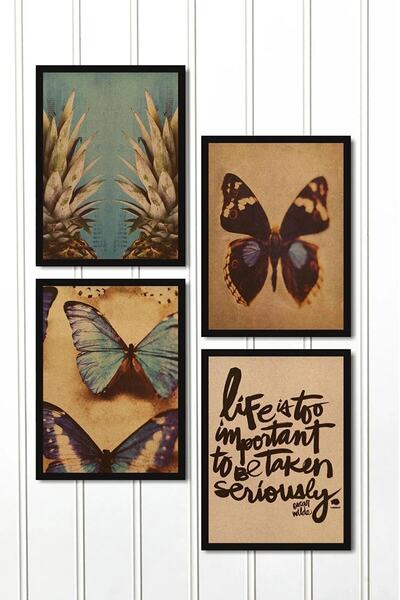 NT Handmade 4 Parça Siyah Çerçeve Görünümlü Kelebek Duvar Dekoru Salon Oturma...