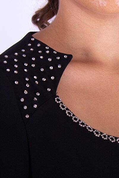 Nidya Moda Plus Size Black Stone Embroidered Evening Dress 4104s